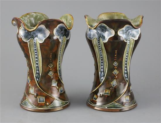 Frank A Butler for Doulton Lambeth, an pair of organic free-form lobed vases, c.1895, 18cm